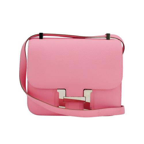二手品 Hermes Constance Epsom 牛皮銀釦斜背包-24cm(唇膏粉/Y刻)