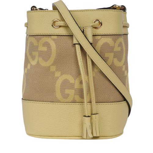 GUCCI Jumbo GG Logo Ophidia 水桶斜背包(Mini)(駝色/香蕉黃)