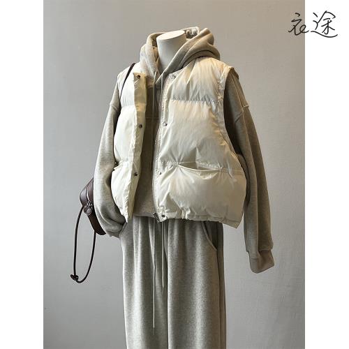 任-【衣途】寬鬆外搭圓領短款棉馬甲時尚坎肩馬甲棉服(百搭/透氣/舒適/2色/M/L/KDCQ-B157)