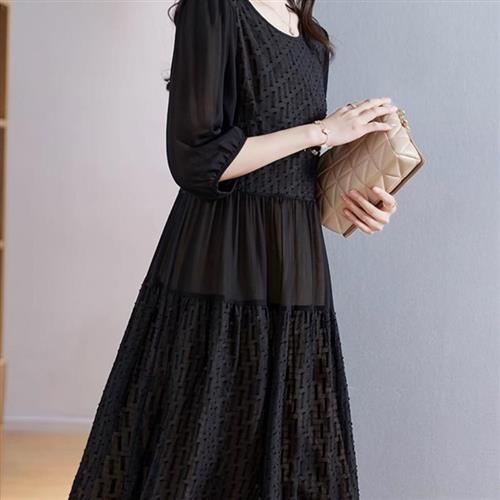 【米蘭精品】連身裙短袖洋裝-氣質百搭桑蠶絲中長款女裙子2色74is4