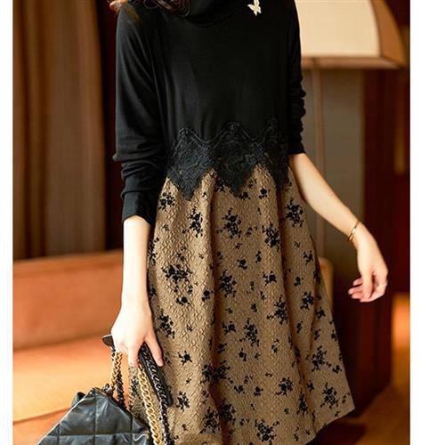 【米蘭精品】連身裙長袖洋裝-蕾絲拼接黑色高領女裙子2色74is19