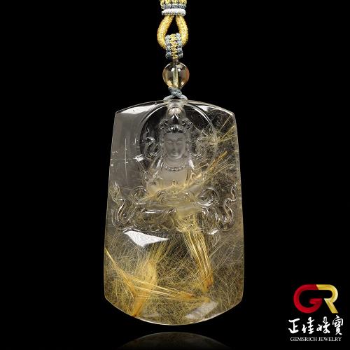 【正佳珠寶】金鈦晶 頂級極淨細絲 85.2g 觀世音菩薩 寶瓶觀音 金鈦晶吊墜｜可調式棉繩