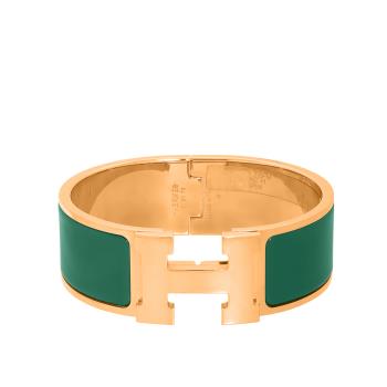 二手商品9成新 HERMES Clic H 金釦琺瑯材質寬版手環PM(松綠色)