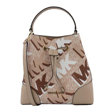 【Michael Kors】經典塗鴉LOGO拼接皮革兩用束口水桶包/手提/肩斜揹包-奶茶