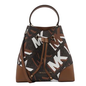 【Michael Kors】經典塗鴉LOGO拼接皮革兩用束口水桶包/手提/肩斜揹包-咖啡