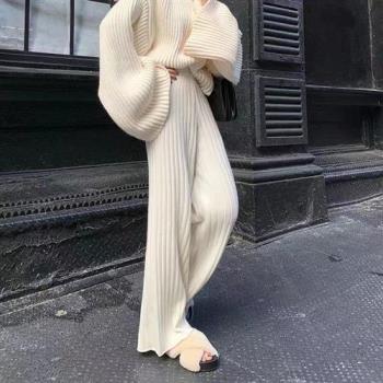 【米蘭精品】休閒褲針織長褲-高腰加厚坑條微喇叭女褲子6色74ik53