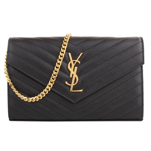 YSL- 魚子醬山形紋皮革金鍊帶WOC 斜背包(黑)