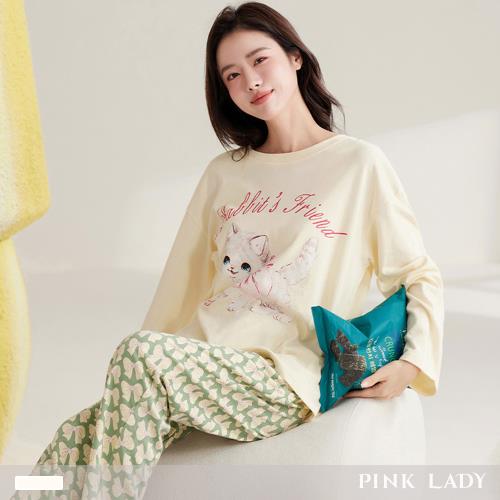 【PINK LADY】棉柔長袖成套睡衣 甜蜜萌貓 印花寬版 秋冬兩件式居家服(女睡衣/保暖/居家睡衣/舒適棉質) 24104