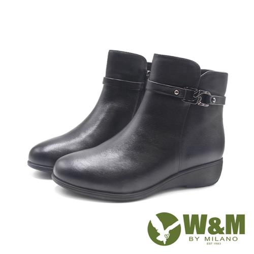 W&M(女)真皮銀釦楔型拉鍊增高短靴 女靴-黑