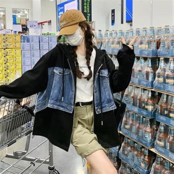 【米蘭精品】牛仔外套丹寧夾克-連帽拼接鹽系學院風休閒寬鬆女外套黑色74ii56