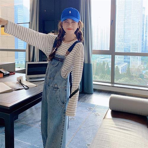 【米蘭精品】吊帶褲牛仔長褲-韓版寬鬆拚色減齡闊腳直筒女褲子淺藍色74ii29