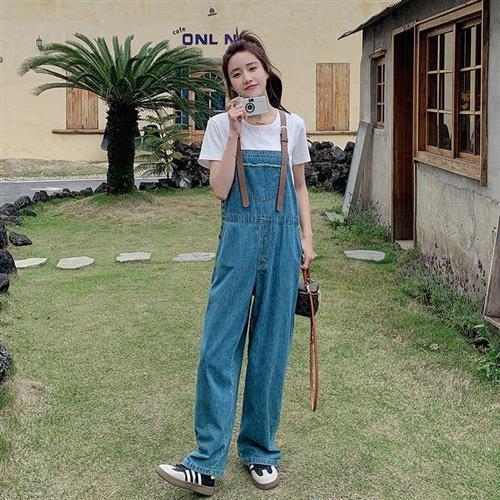 【米蘭精品】吊帶褲牛仔長褲-韓版休閒顯瘦工裝直腳女褲子淺藍色74ii22