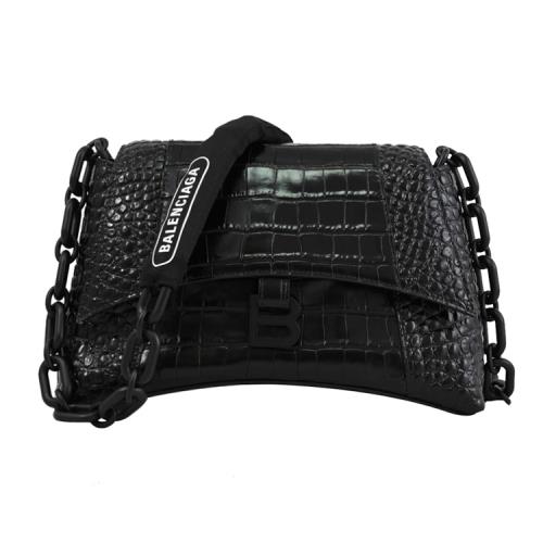 BALENCIAGA 巴黎世家 689058 Downtown 質感鱷魚壓紋翻蓋肩斜包.黑