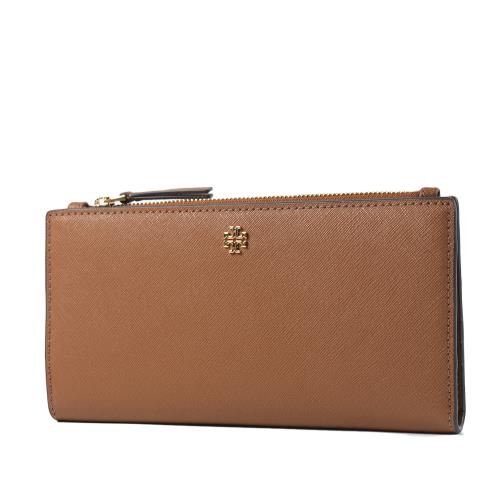 TORY BURCH EMERSON 十字紋防刮釦式對開長夾-焦糖色