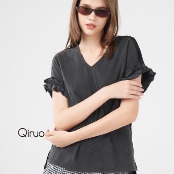 【Qiruo 奇若】秋冬專櫃黑色短袖上衣2414A 袖子小荷葉設計