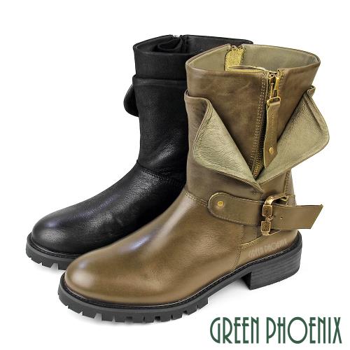 GREEN PHOENIX 女 短靴 工程靴 機車靴 騎士靴 牛皮 全真皮 拉鍊 大翻領U21-24514