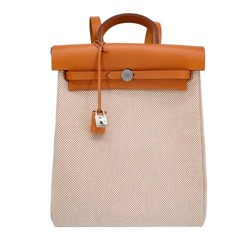 Hermes 展示品 Herbag 帆布拚牛皮銀釦後背包(金棕/米白)