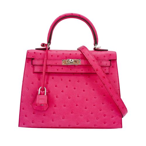 Hermes 展示品 Kelly 25 鴕鳥皮銀釦手提肩背包(糖果粉)