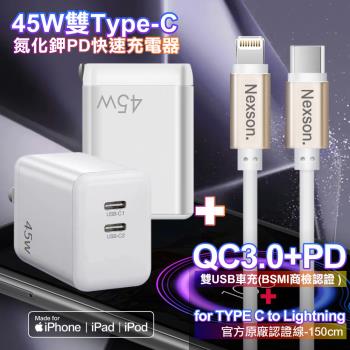 CITYBOSS 45W雙Type-C口氮化鎵白+NEXSON 蘋果認證 Type-C to Lightning