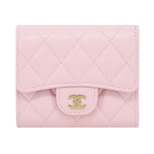 CHANEL 經典雙C LOGO菱格紋小牛皮迷你短夾(粉色)