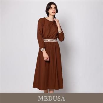 現貨【MEDUSA 曼度莎】棕色鬆緊假兩件休閒長洋裝（M-XL）｜休閒洋裝 長袖洋裝