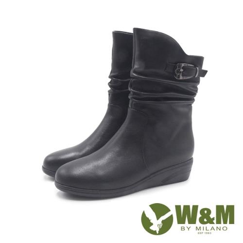 W&M(女)真皮個性楔型內拉鍊中筒短靴 女靴-黑