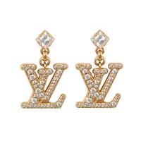 Louis Vuitton LV M01844 Lady LV 經典LOGO水鑽墜飾針式耳環.金