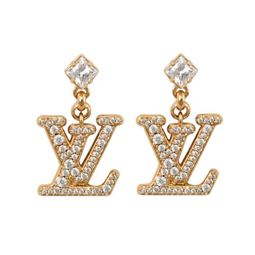 Louis Vuitton LV M01844 Lady LV 經典LOGO水鑽墜飾針式耳環.金