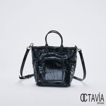 OCTAVIA8 真皮- 龍鱗色 高彩度方型口袋隨身小托特包 - 龍躍黑