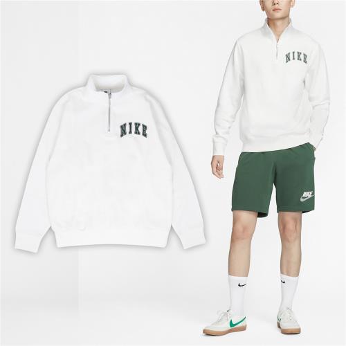 Nike 長袖 Club 男款 白 綠 立領 半拉鍊 口袋 刺繡 長T FZ0874-133