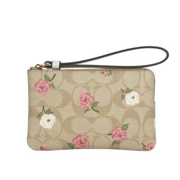 COACH CC Logo 花卉圖案塗層帆布L 型拉鍊手拿包(淺卡其/白色)