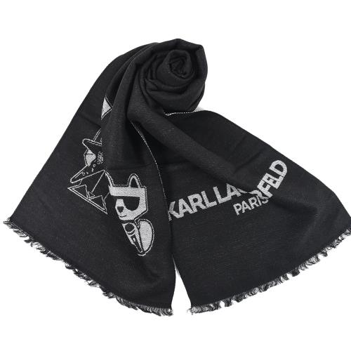 KARL LAGERFELD 樂團老佛爺&Choupette 毛邊圍巾-黑色