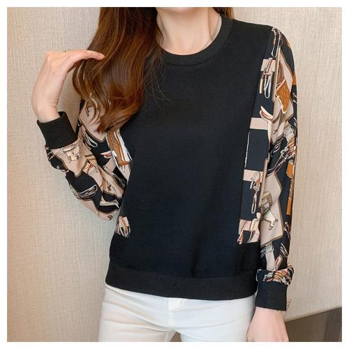  AKARA 歐洲印彩拼接撞色長袖上衣(秋冬 XL可 寬版剪裁 中大尺碼)