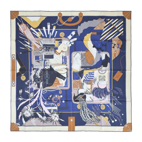 Hermes 愛馬仕 Bagage a Main 90 手工捲邊斜紋真絲方巾(海軍藍/皮革/香草)