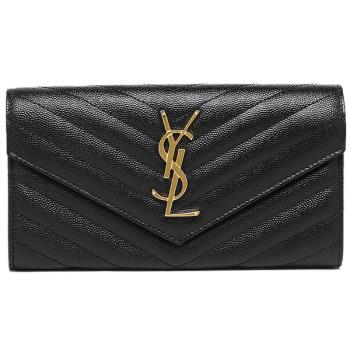 Saint Laurent YSL MONOGRAM系列V字縫線魚子醬 經典金字 LOGO 暗釦長夾