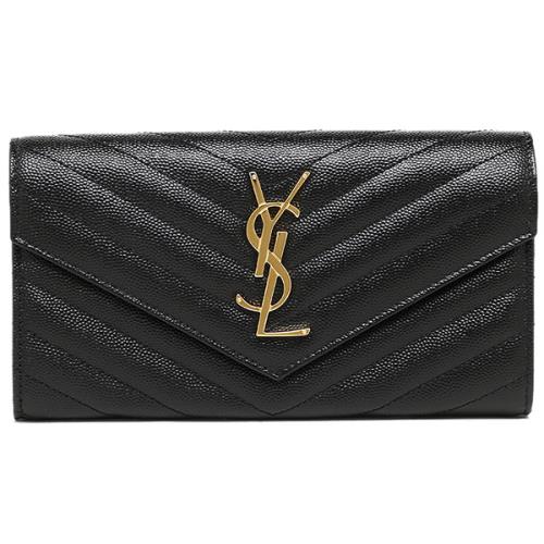 Saint Laurent YSL  MONOGRAM系列V字縫線魚子醬 經典金字 LOGO 暗釦長夾