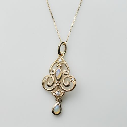 ROKUZAN 大雕花蛋白石小鑽K金項鍊