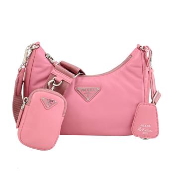 PRADA 1BH204 經典LOGO質感納帕軟皮革二合一斜揹包.粉