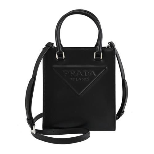 PRADA 1BA333 經典立體浮雕LOGO小牛皮兩用托特包.黑