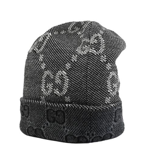 GUCCI 716585 經典緹花LOGO羊毛雙面百搭保暖毛帽.黑灰