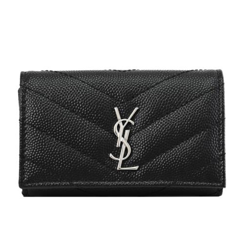 YSL 736236 金屬LOGO質感車線小牛皮4孔扣式鑰匙包.黑