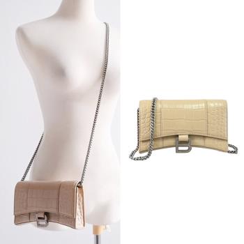 BALENCIAGA 巴黎世家 656050 Hourglass 質感鱷魚壓紋WOC斜背鍊包.裸色