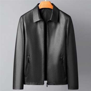 【米蘭精品】真皮皮衣外套-頭層山羊皮翻領高階商務休閒男外套黑色74ja6