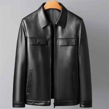 【米蘭精品】真皮皮衣外套-頭層綿羊皮翻領休閒商務男外套黑色74ja3