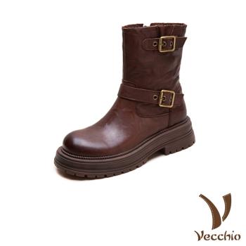 【VECCHIO】真皮雙皮帶釦粗跟中筒靴/真皮頭層牛皮經典雙皮帶釦造型粗跟中筒靴 女鞋 棕
