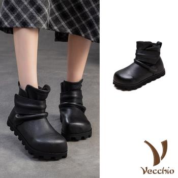 【VECCHIO】全真皮魔鬼粘平底內增高短靴/全真皮頭層牛皮復古魔鬼粘個性平底內增高短靴 女鞋 黑