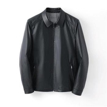 【米蘭精品】真皮皮衣外套-頭層小黃牛皮休閒時尚翻領商務夾克男外套黑色74ja68