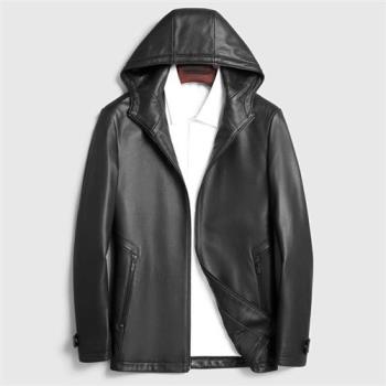【米蘭精品】真皮皮衣外套-高階山羊皮簡約百搭連帽潮流男外套黑色74ja39
