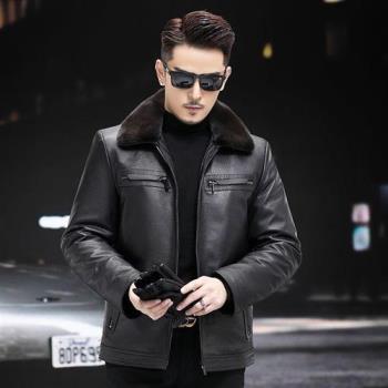 【米蘭精品】真皮皮衣外套-山羊皮翻領水貂毛領可拆卸羊毛內裡男外套黑色74ja19