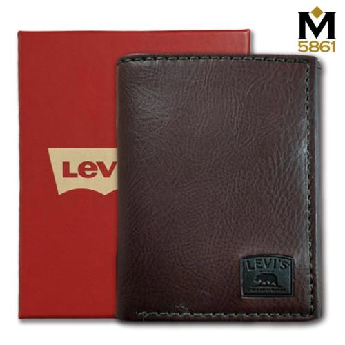 【Levis】Levis 男皮夾 短夾 三折 牛皮夾 經典盒裝／咖色